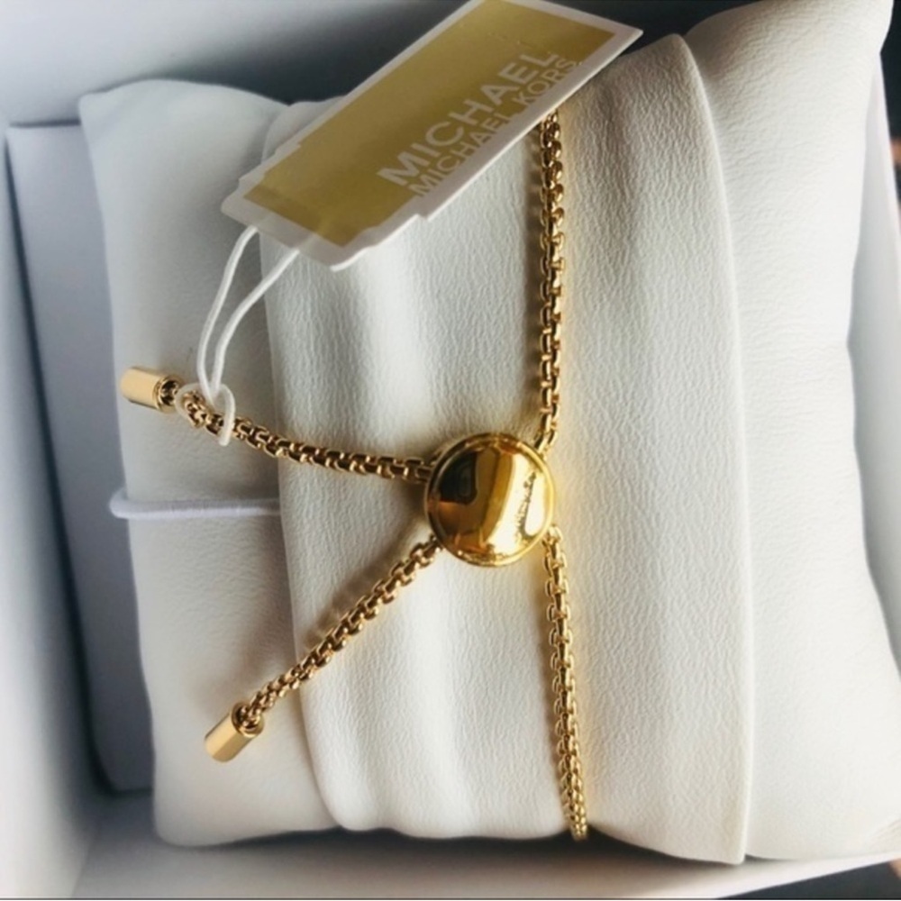 Michael Kors Gold Logo Circle Bracelet Pavé Crystal MK Slider Chain NWT - Picture 2 of 2